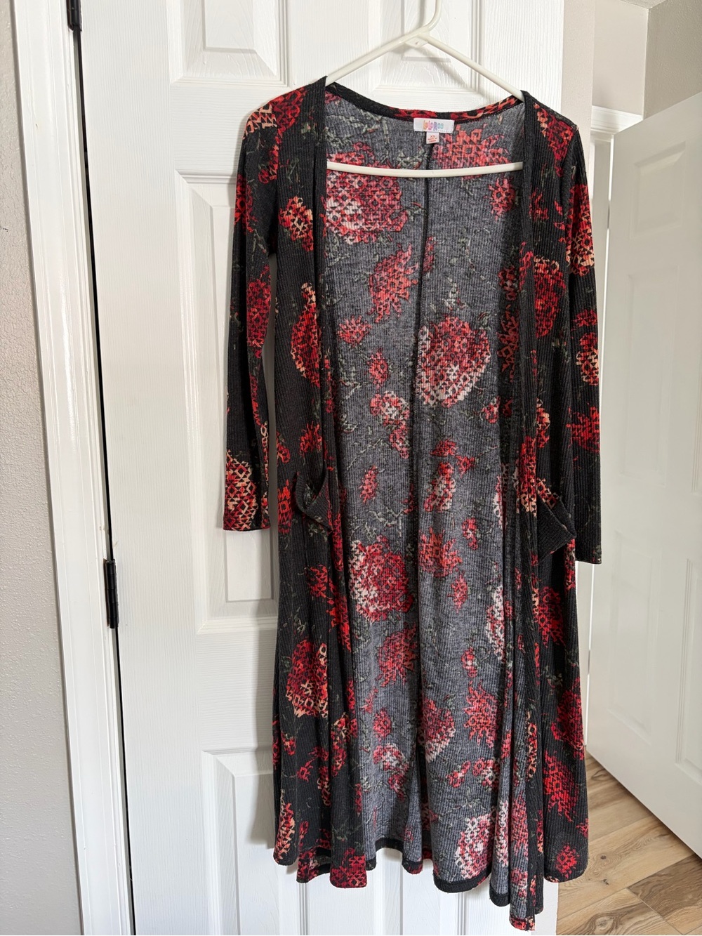 LuLaRoe Black Cardigan Duster with Red Floral Print